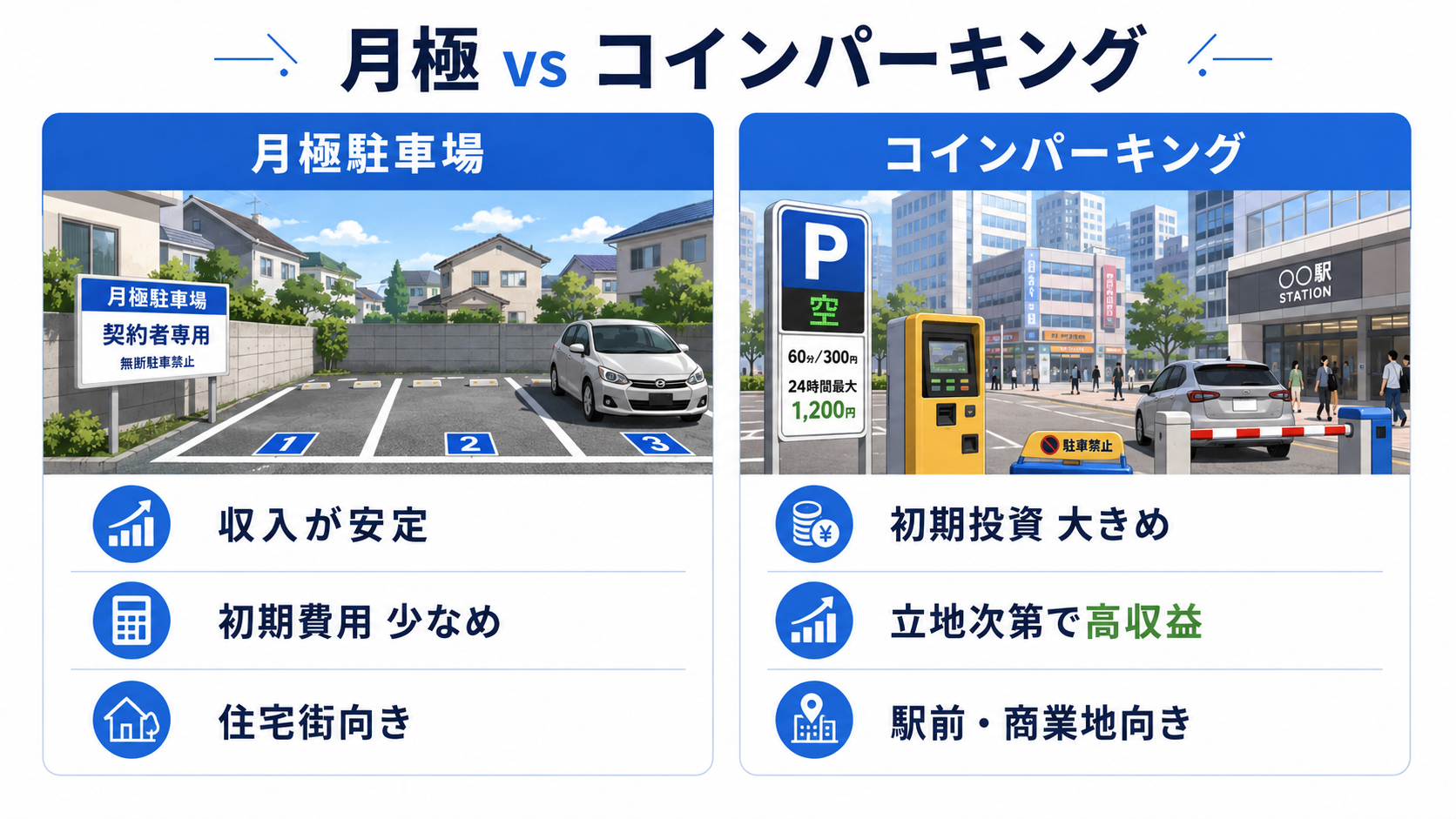 月極駐車場とコインパーキングの比較イメージ