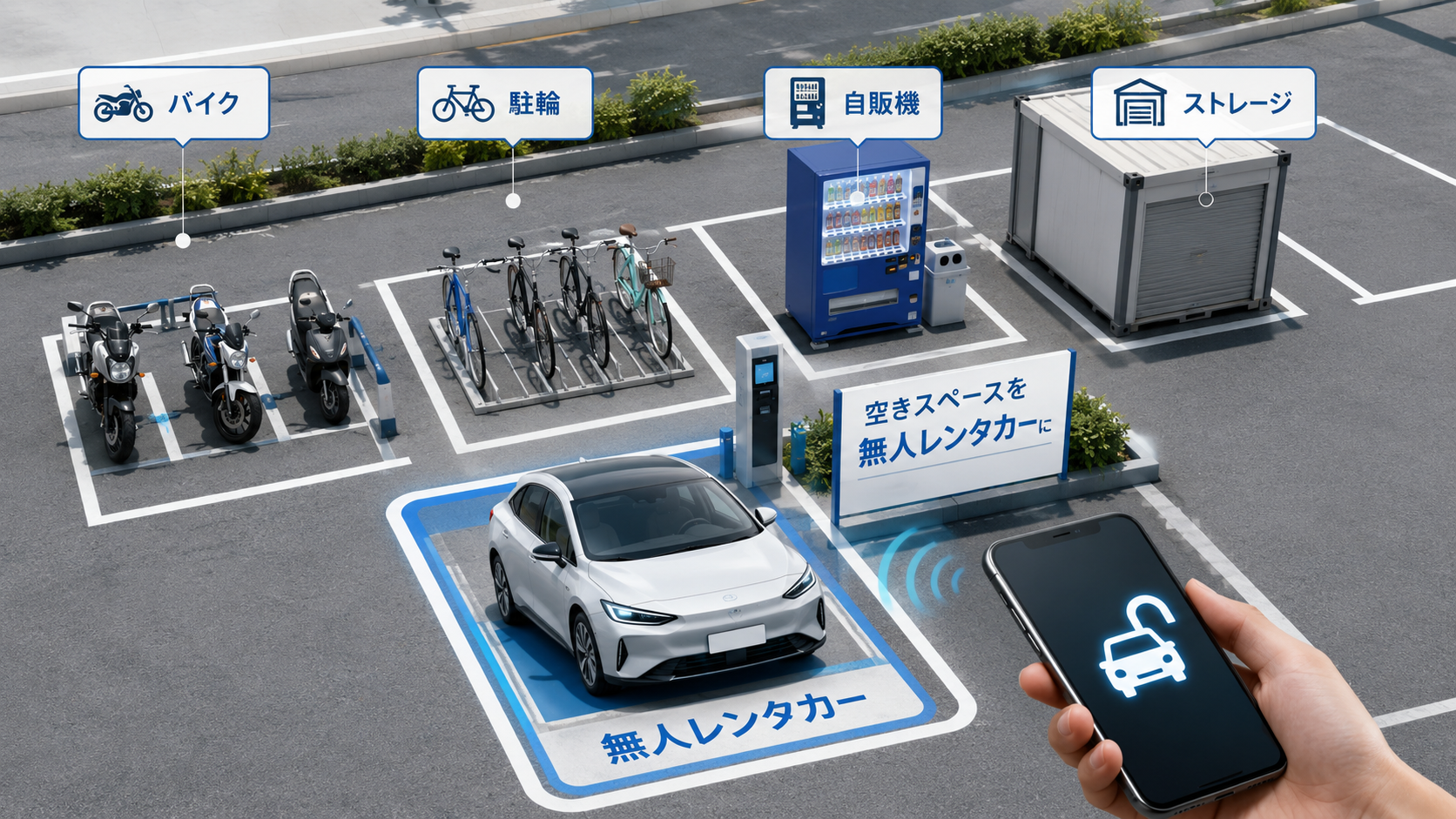 駐車場の空き区画を駐輪場・自販機・無人レンタカーに転用したイメージ