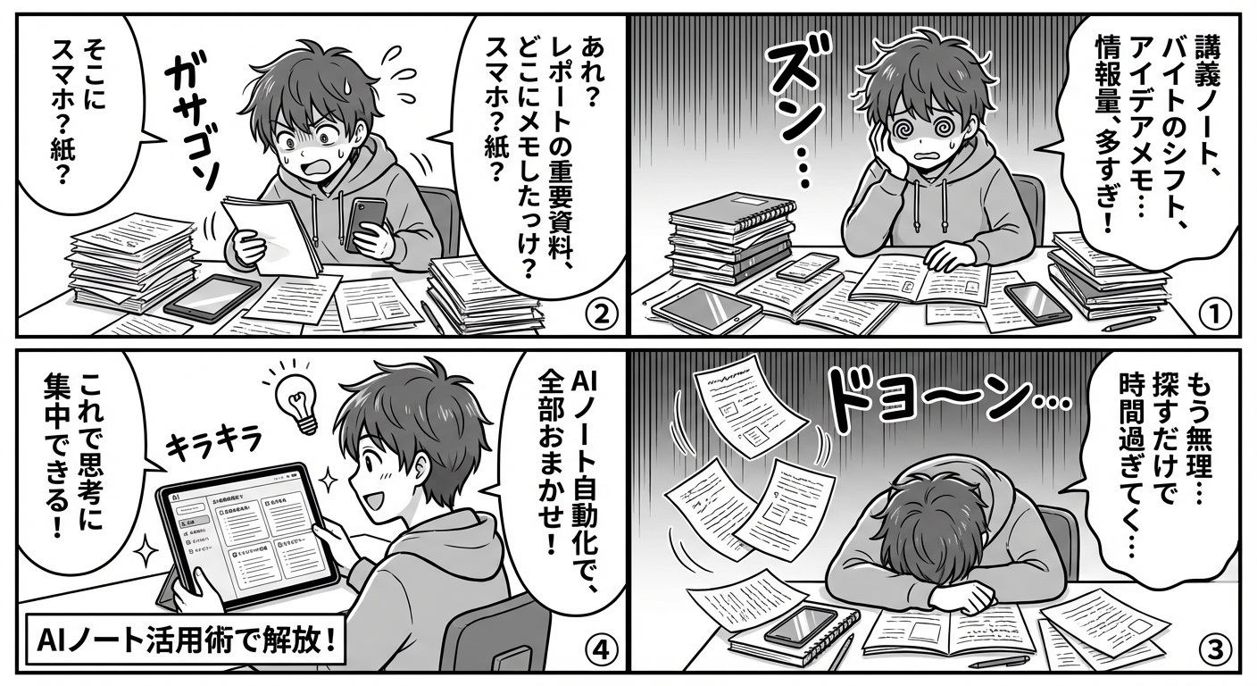 AIノート活用術：メモ取りから整理まで完全自動化する3つの方法【2026年最新】 マンガ解説
