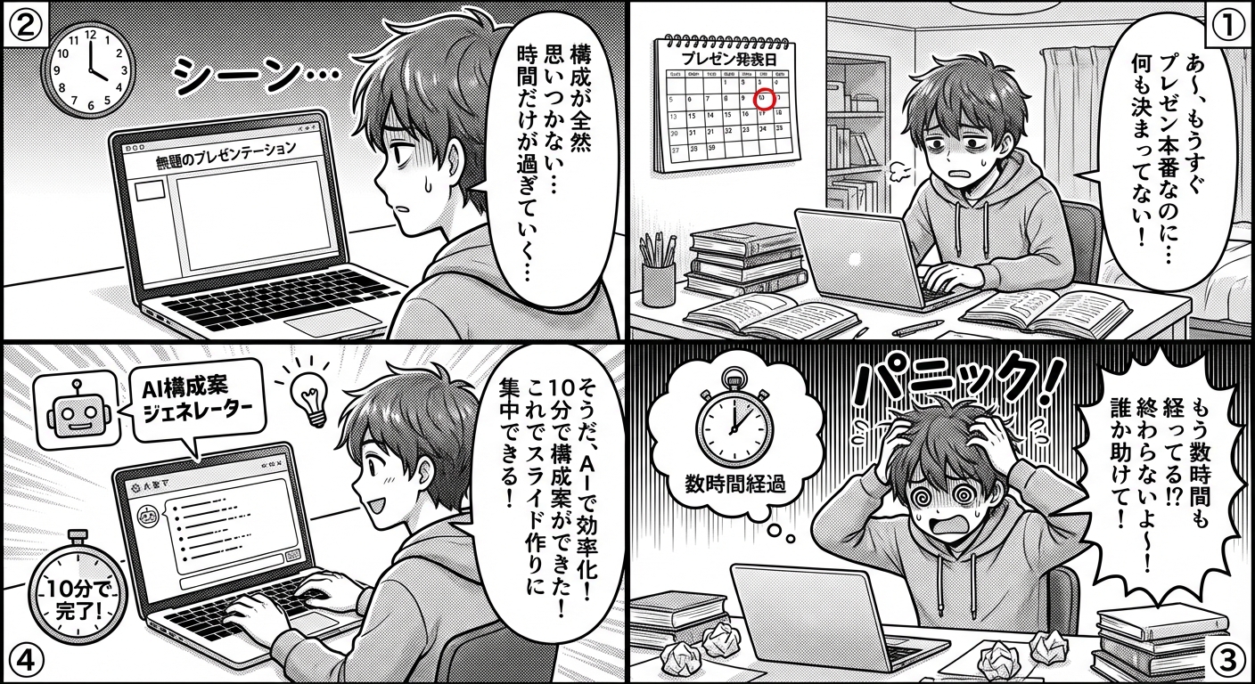 AIで効率化!プレゼン構成案を10分で作成する具体的手順とプロンプト実例 マンガ解説