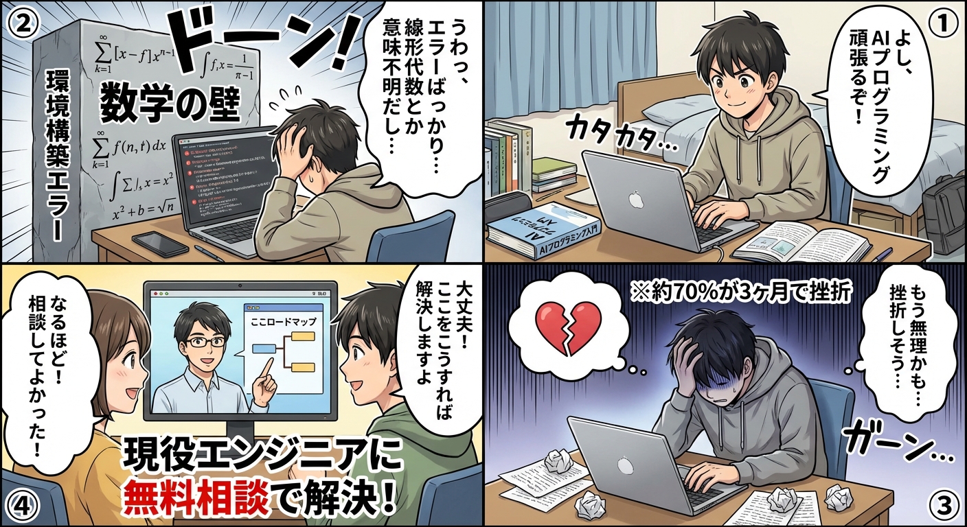 AIプログラミングで挫折しそうなあなたへ｜現役エンジニアが無料相談で解決する3つの学習ステップ マンガ解説