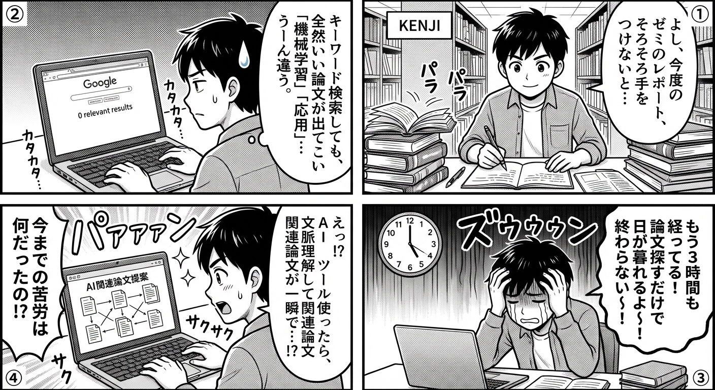 AI学術検索ツールの使い方完全ガイド：研究効率が10倍になる無料ツール5選と実践テクニック マンガ解説