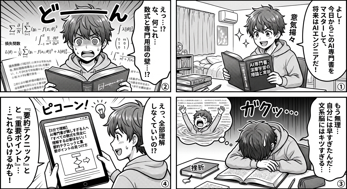 AI専門書が難しすぎる人へ【5分で理解できる要約テクニックと重要ポイントの見つけ方】 マンガ解説