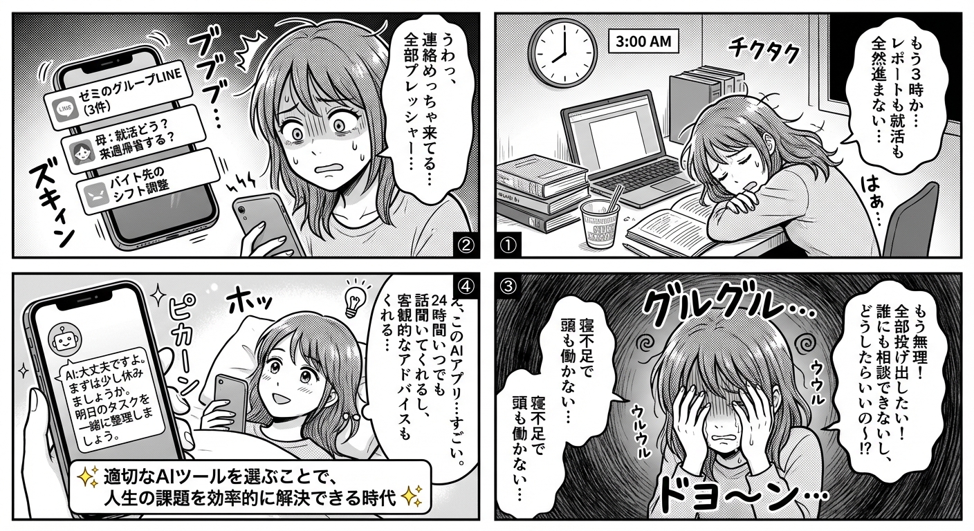 AIが悩みを解決する時代到来！2026年版・人生の課題別AIツール活用完全ガイド マンガ解説
