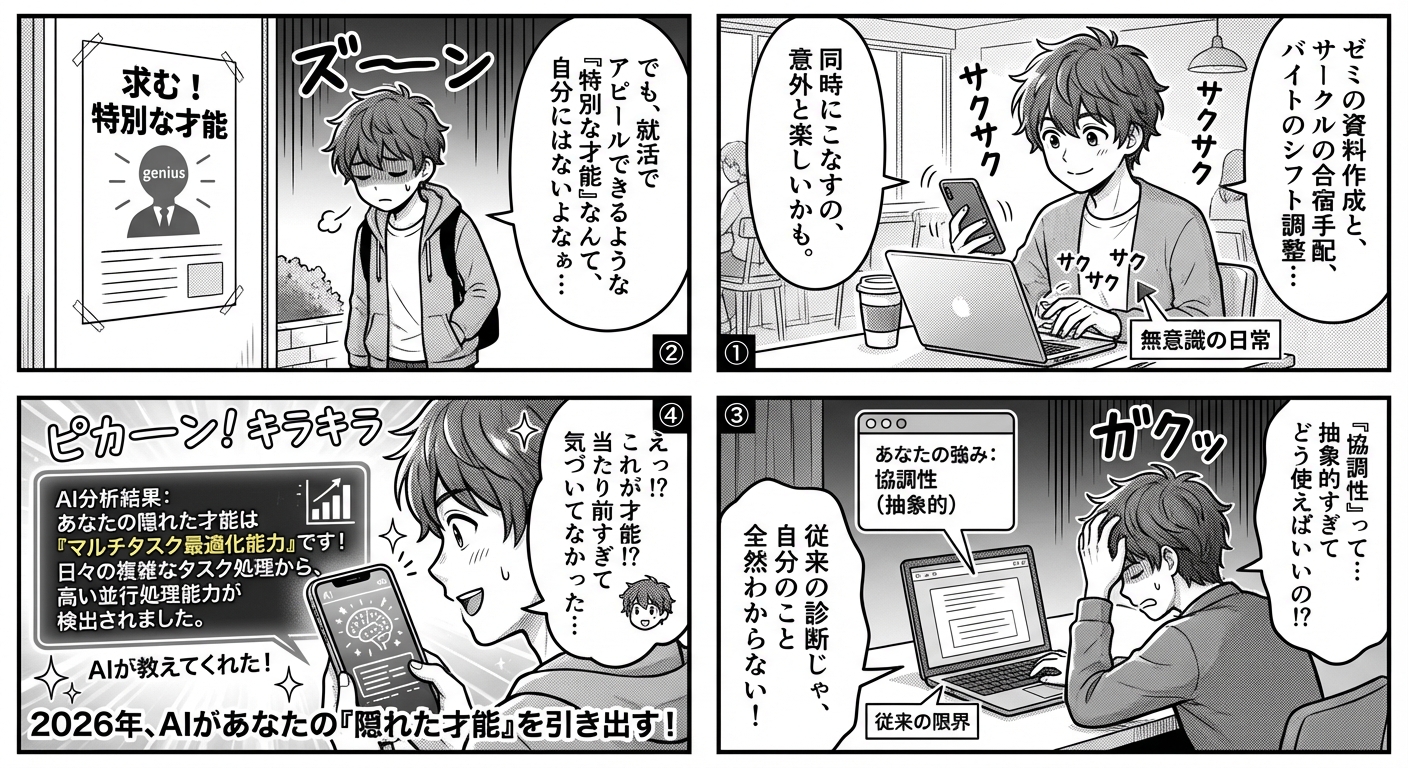 AIが引き出すあなたの隠れた才能：2026年、誰もが天才になれる時代の自己発見メソッド マンガ解説
