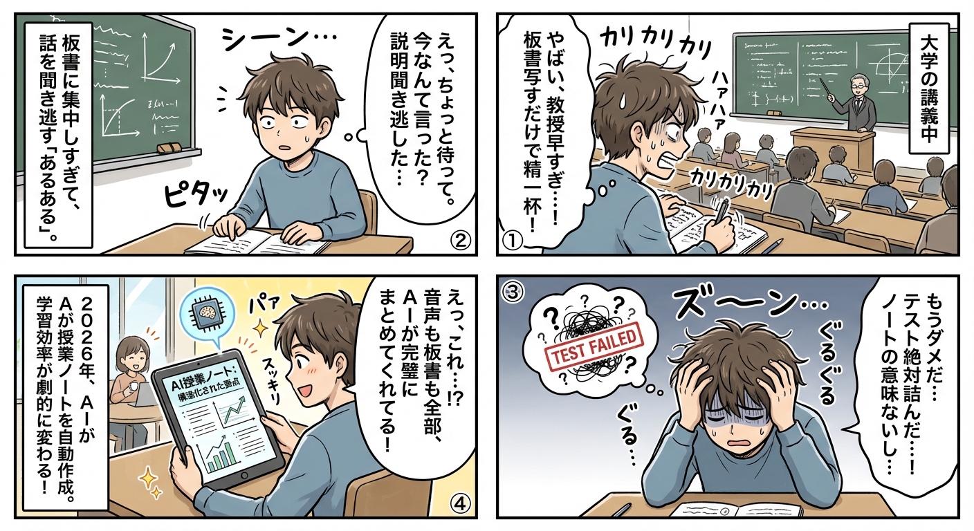 AIが授業ノートを自動作成する時代へ|2026年の学習効率を劇的に変える最新ツール完全ガイド マンガ解説