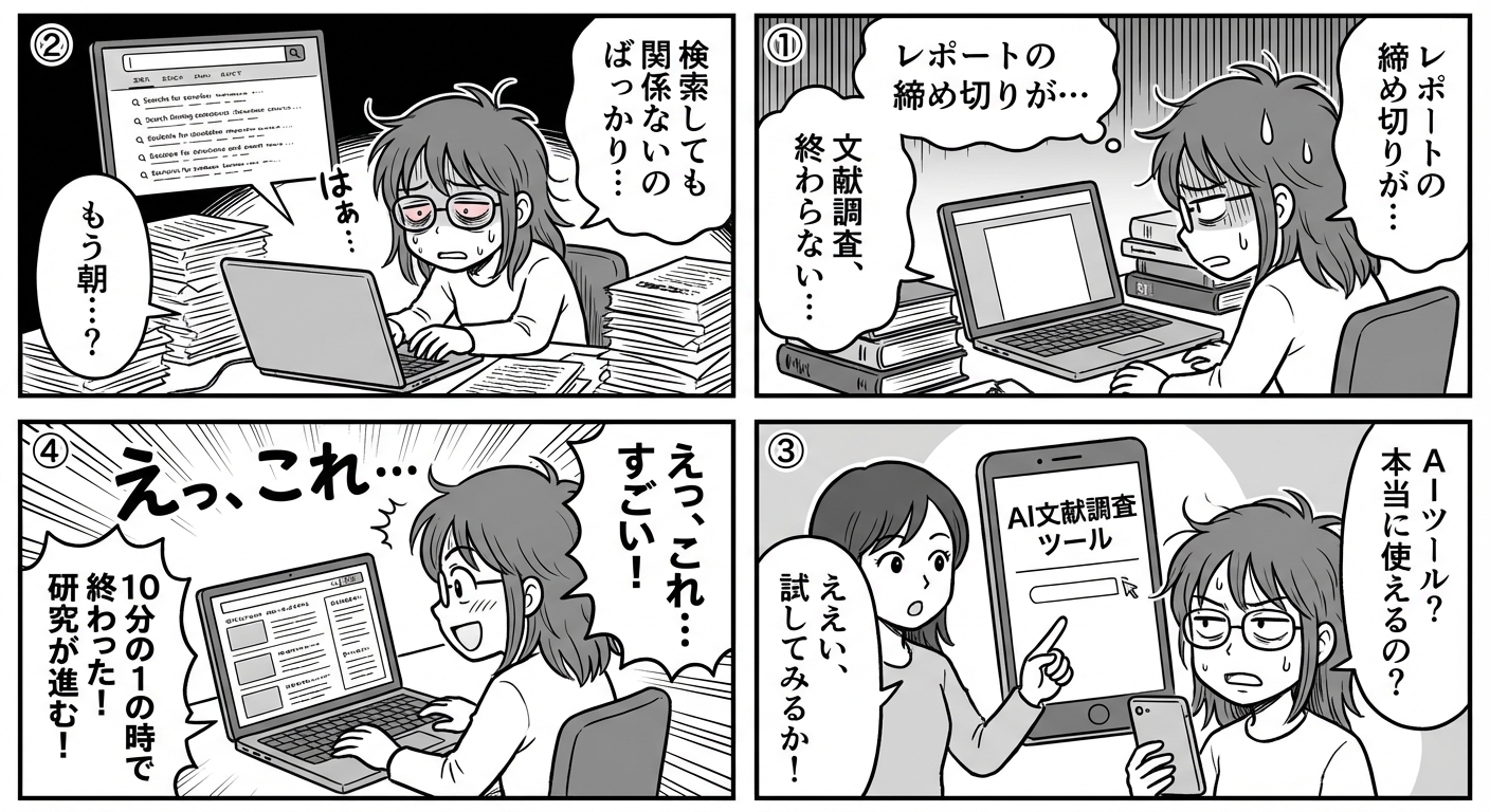 AIで文献調査を10倍速に!研究者が実践する効率化テクニック完全ガイド【2026年最新版】 マンガ解説