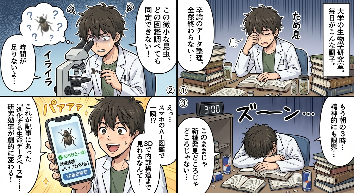 AIが描く未来の生物図鑑：2030年、進化する生命データベースと新種発見の最前線 マンガ解説