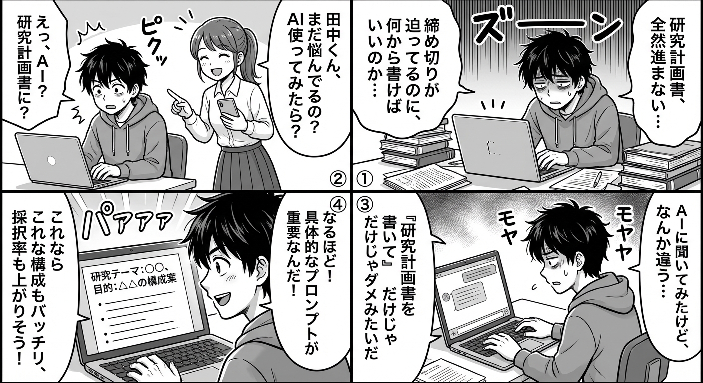 AI活用で研究計画書作成が劇的に効率化！初心者でも採択される書き方とプロンプト実例 マンガ解説