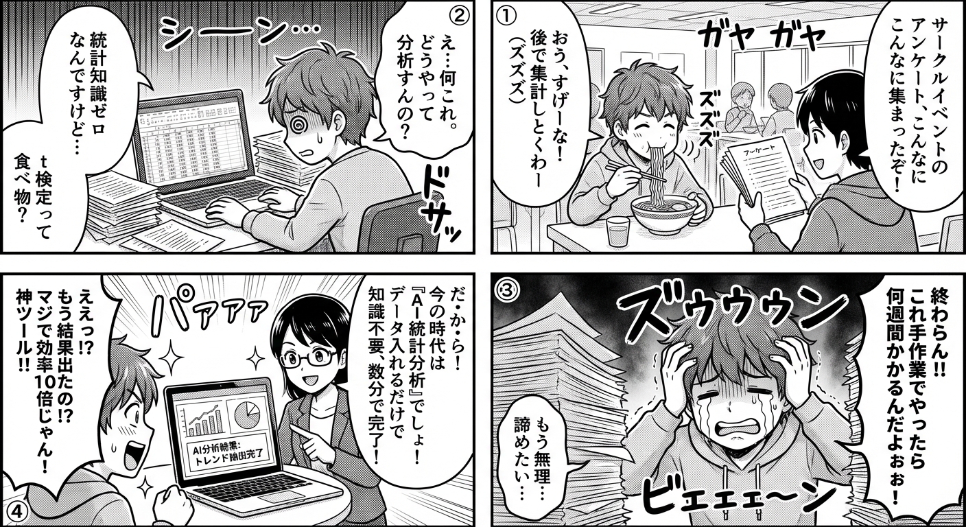 AI統計分析で業務効率が10倍に！初心者でもできるデータ活用の始め方と実践事例 マンガ解説