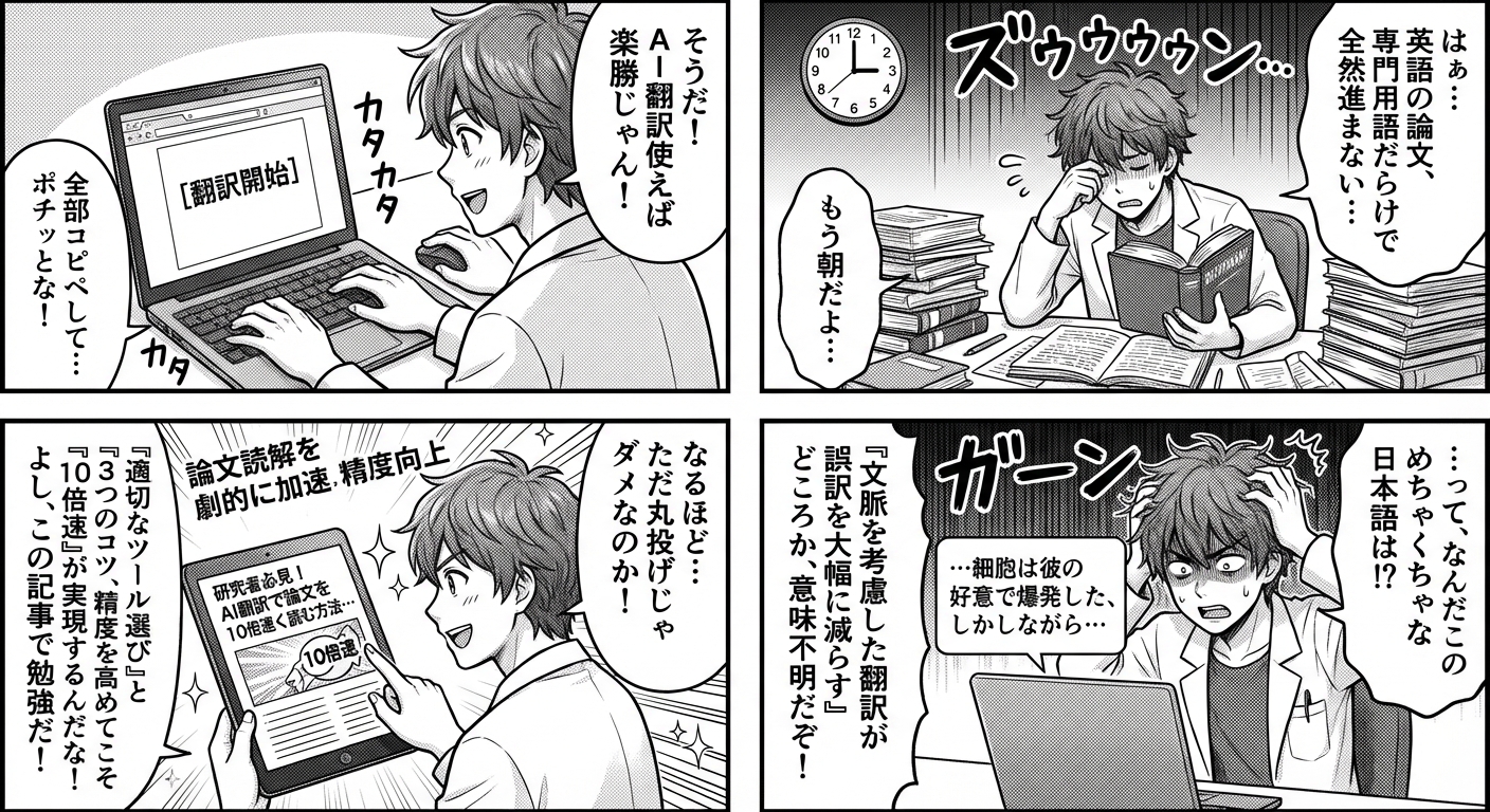 研究者必見！AI翻訳で論文を10倍速く読む方法と精度を高める3つのコツ マンガ解説