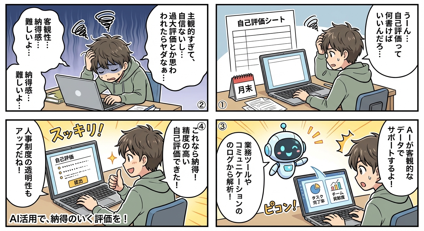 AIによる自己評価が変える人事制度【2026年最新】客観性と納得感を両立する次世代パフォーマンス管理の実践ガイド マンガ解説