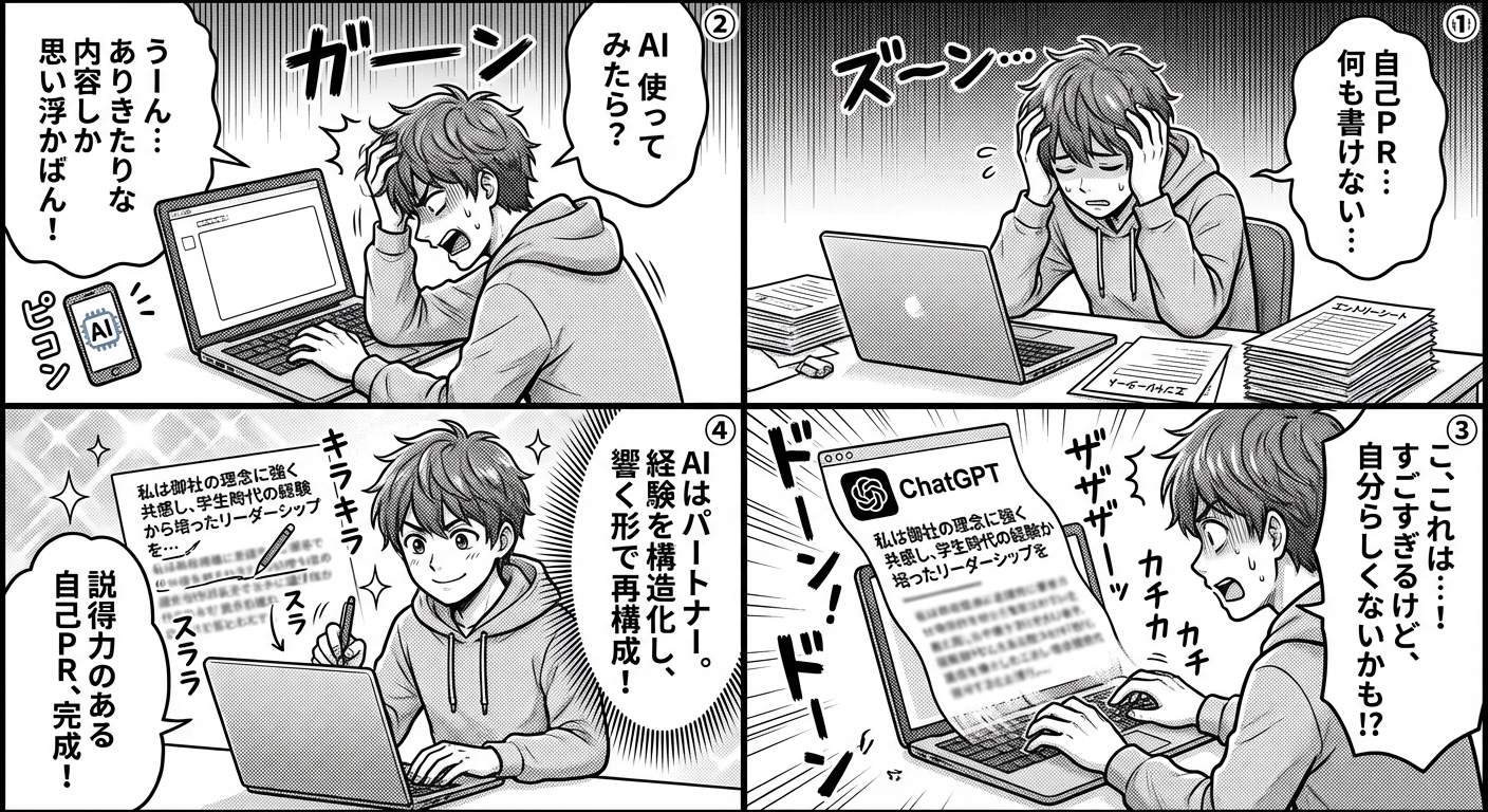 【2026年最新版】AI自己PR作成ツール完全ガイド|ChatGPTで差がつく就活・転職の自己アピール文章術 マンガ解説