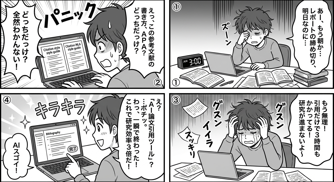 AIに学ばせた論文引用ツールで研究効率が3倍になった話【2026年最新の正しい使い方】 マンガ解説
