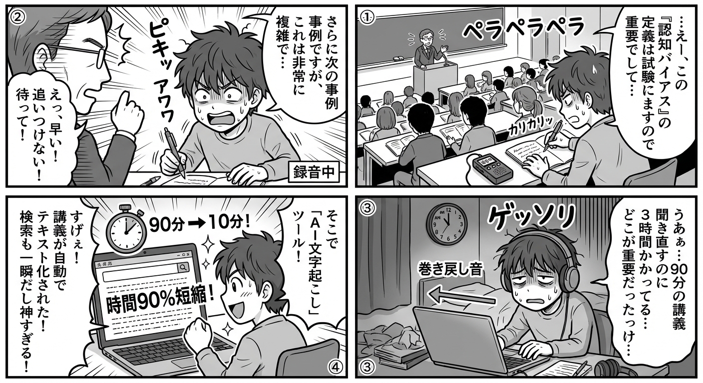 大学講義を自動で文字起こし!AI活用で90%の時間短縮を実現する最新ツール5選 マンガ解説