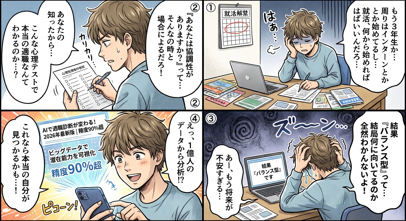 AIで適職診断が変わる!2026年最新版|精度90%超の自己分析ツールと転職成功率を上げる活用法 マンガ解説