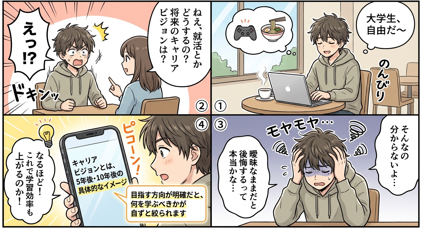 【実例つき】キャリアビジョンの描き方完全ガイド|5つのステップで理想の未来を実現する方法 マンガ解説