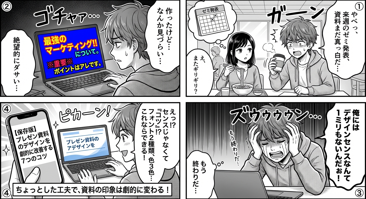 【保存版】プレゼン資料のデザインを劇的に改善する7つのコツ｜初心者でも今日から使えるテクニック集 マンガ解説