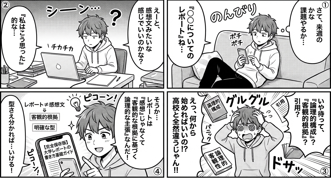 【完全保存版】大学レポートの書き方基礎ガイド｜構成から引用まで初心者が押さえるべき5つのステップ マンガ解説