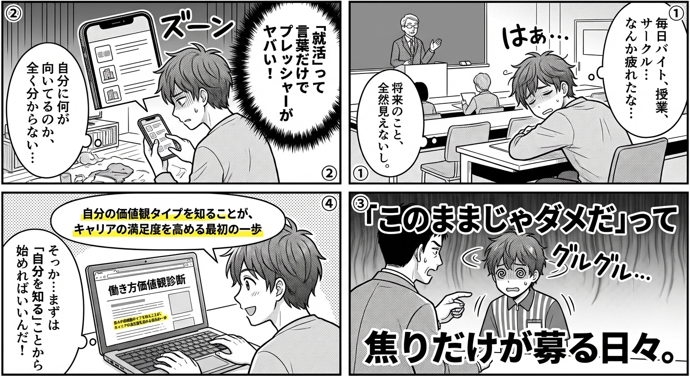 【無料診断付き】あなたの働き方価値観タイプは?10の質問で分かる理想のキャリアと相性の良い職場環境 マンガ解説
