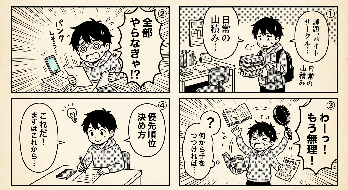 仕事の優先順位の決め方完全ガイド|時間管理マトリクスと5つの実践フレームワークで生産性を劇的に向上させる方法 マンガ解説