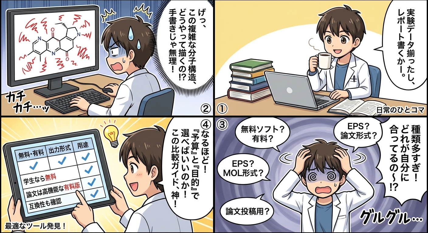 【2026年最新】化学構造式描画ソフト7選｜無料ツールから論文投稿対応まで徹底比較 マンガ解説