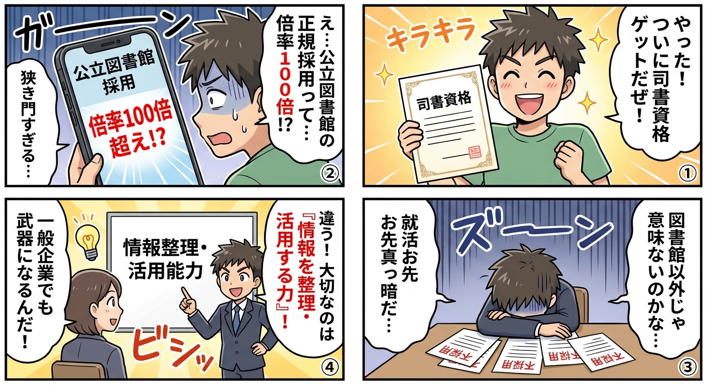 司書資格は就職に有利?図書館・一般企業での活かし方と取得後のキャリア戦略2026年版 マンガ解説