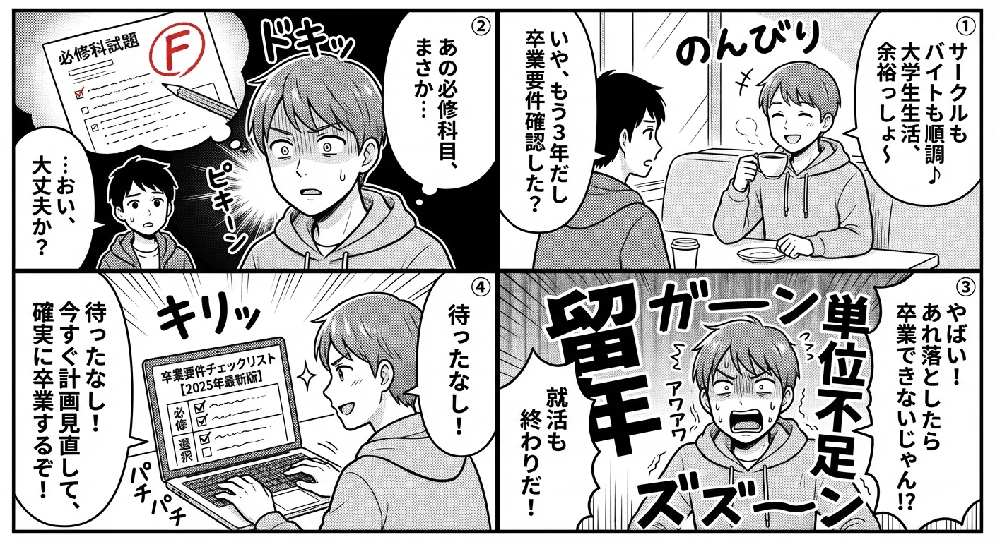 # クリックしたくなるブログ記事タイトル大学卒業要件を完全解説！単位不足で留年しないための必修・選択科目チェックリスト【2026年最新版】 マンガ解説