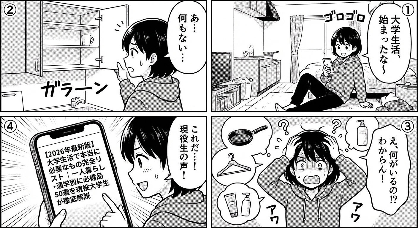 【2026年最新版】大学生活で本当に必要なもの完全リスト｜一人暮らし・通学別に必需品50選を現役大学生が徹底解説 マンガ解説