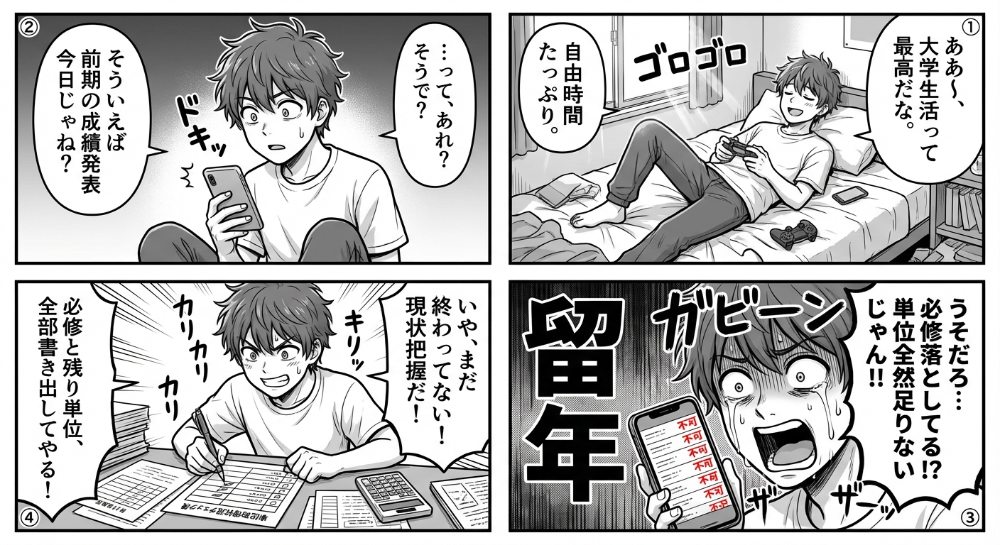 大学で留年しそうな人必見!単位不足から逆転する7つの具体的対策と成績回復の実践法 マンガ解説