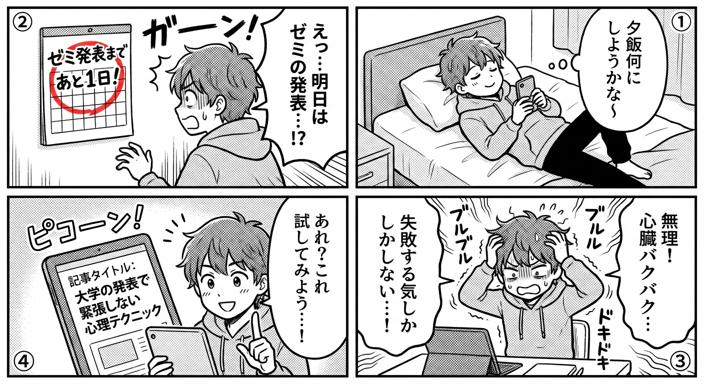 大学の発表で緊張しない7つの方法|プレゼン前日から当日まで実践できる心理テクニック マンガ解説