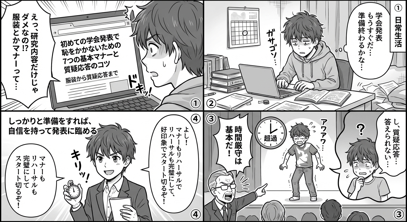 初めての学会発表で恥をかかないための7つの基本マナーと質疑応答のコツ マンガ解説