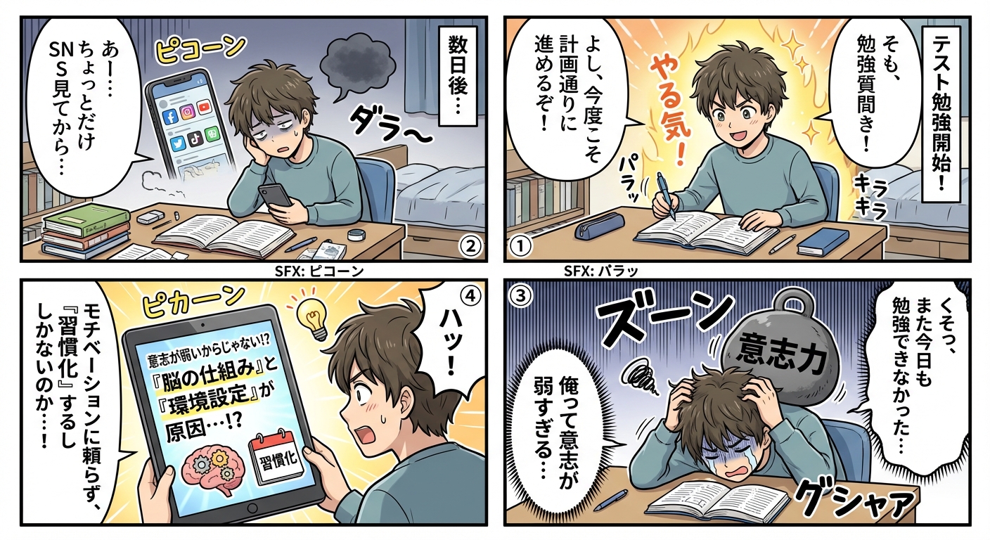 学習のモチベーションが続かない人必見！やる気を維持する科学的な7つの習慣と挫折を防ぐ実践テクニック マンガ解説