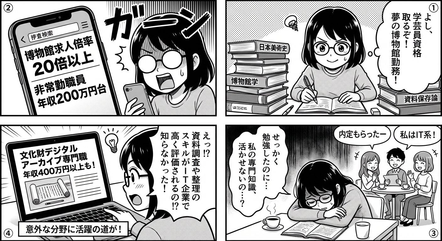 学芸員資格を活かす11の意外な仕事|博物館以外で年収アップを実現した転職成功例と実践的活用法 マンガ解説