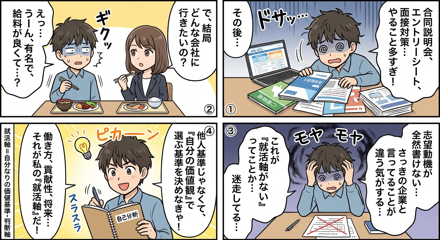 【2026年最新版】就活軸の決め方完全ガイド|自己分析から面接で使える例文まで徹底解説 マンガ解説