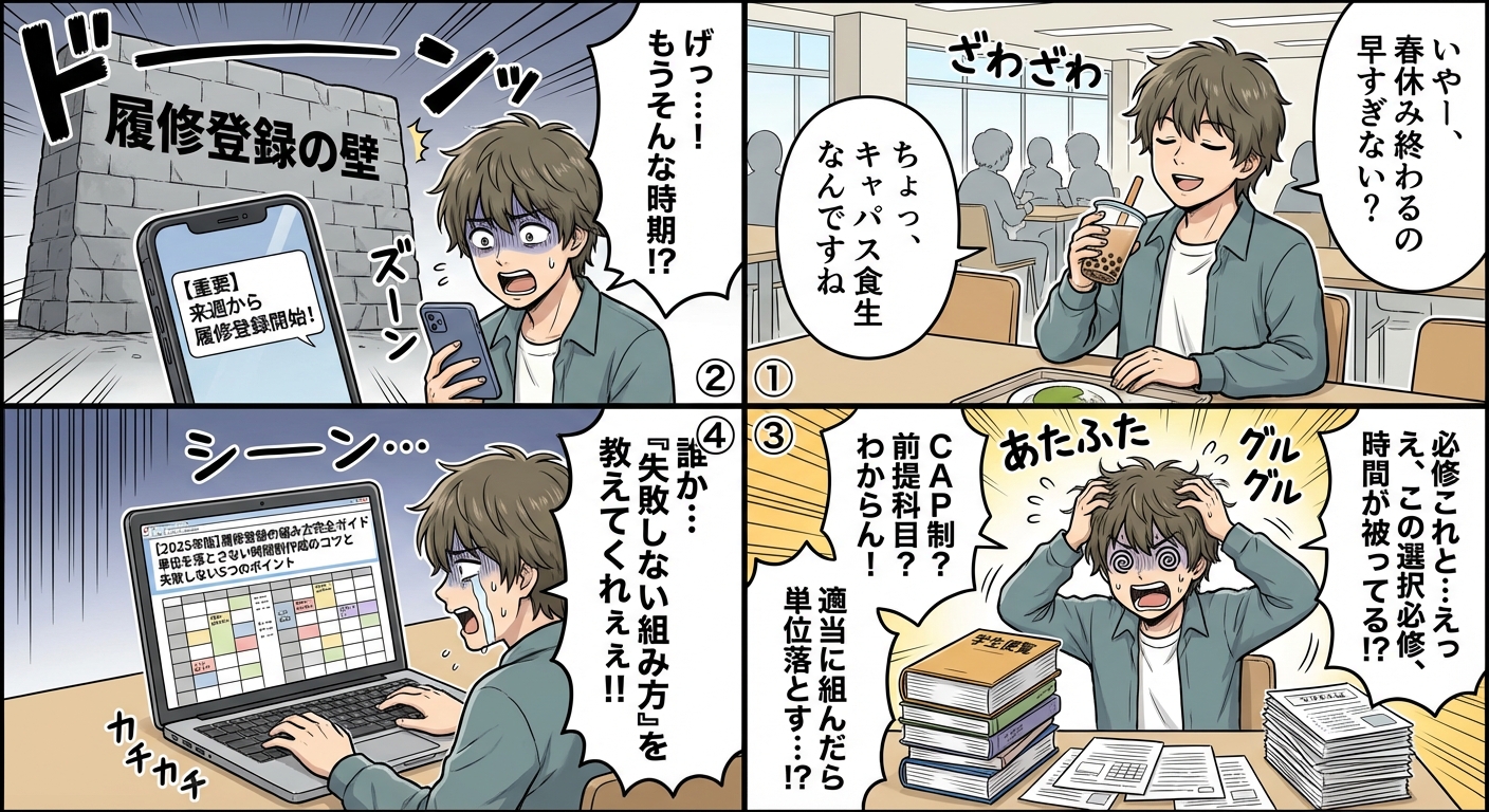 【2026年版】履修登録の組み方完全ガイド｜単位を落とさない時間割作成のコツと失敗しない5つのポイント マンガ解説