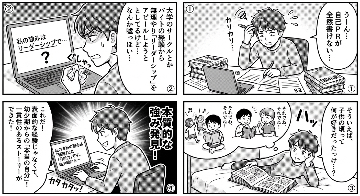 【実体験】幼少期の振り返りが就活の自己分析を劇的に変えた話|過去から見つける本当の強み マンガ解説
