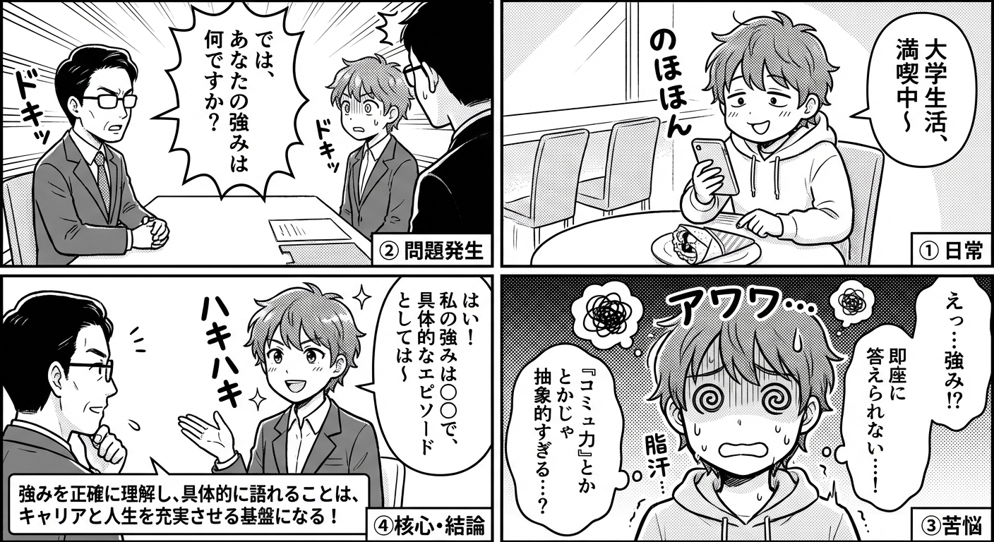 自分の強みと弱みを正確に見つける7つの方法【2026年版・自己分析完全ガイド】 マンガ解説