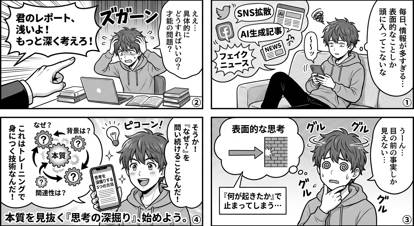 思考を深掘りする5つの方法｜表面的な理解から本質を見抜く力へ変える思考トレーニング術 マンガ解説