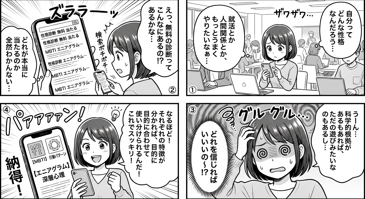 【2026年最新版】性格診断テスト無料おすすめ15選｜当たると話題のMBTI・エニアグラム・ビッグファイブを徹底比較 マンガ解説