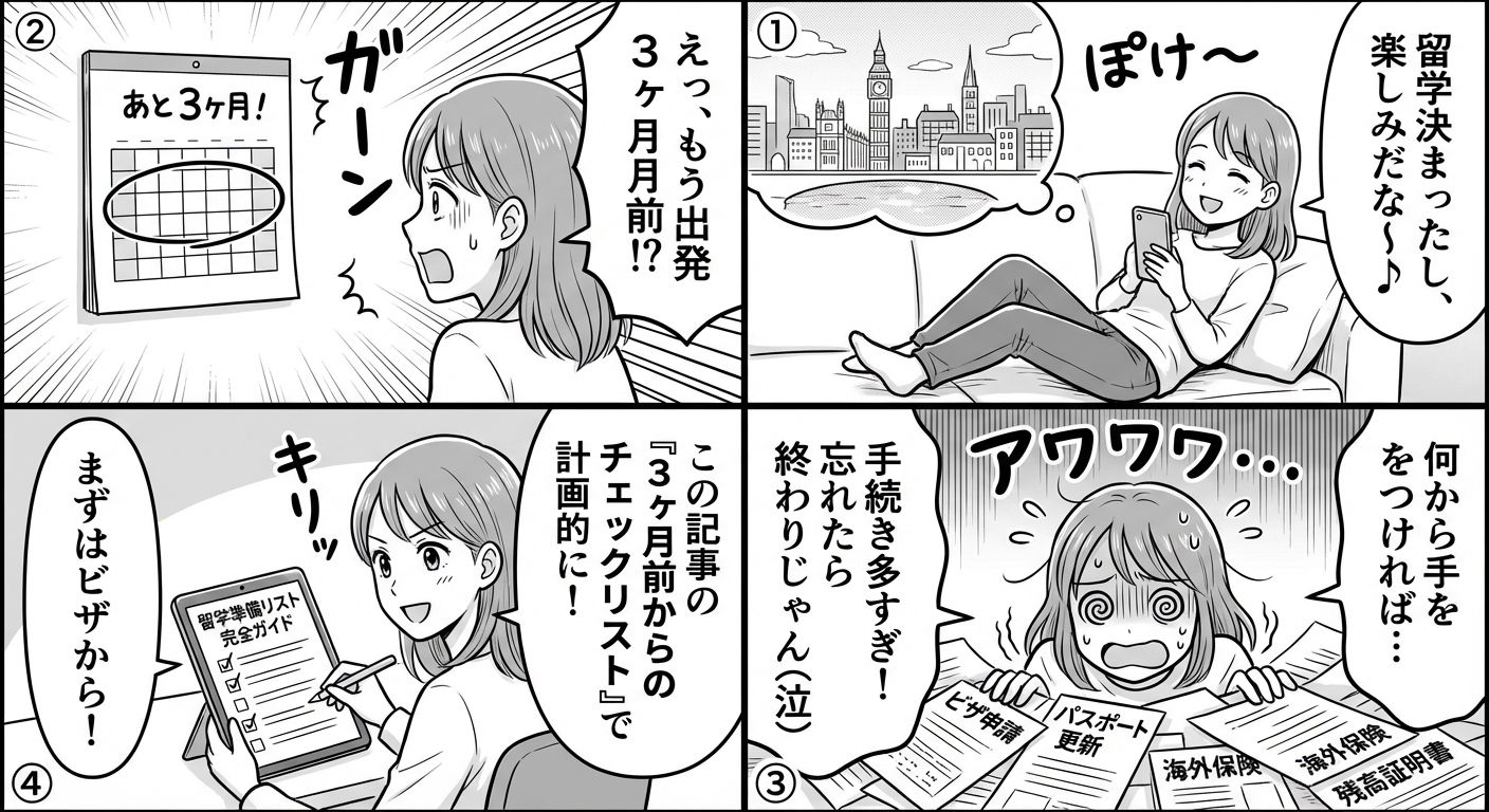 【2026年版】留学準備リスト完全ガイド|出発3ヶ月前から当日までやるべき手続きと持ち物チェックリスト マンガ解説