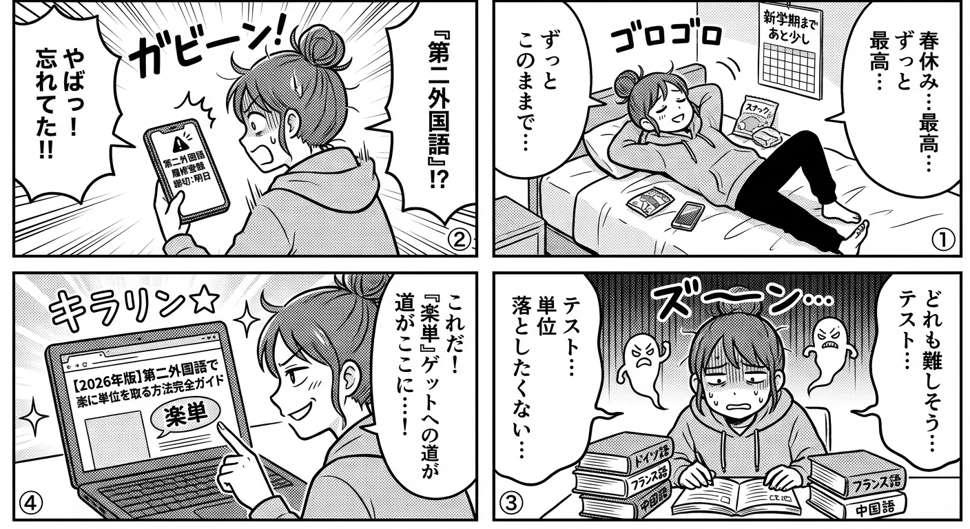 【2026年版】第二外国語で楽に単位を取る方法完全ガイド|言語選びから試験対策まで現役大学生が徹底解説 マンガ解説