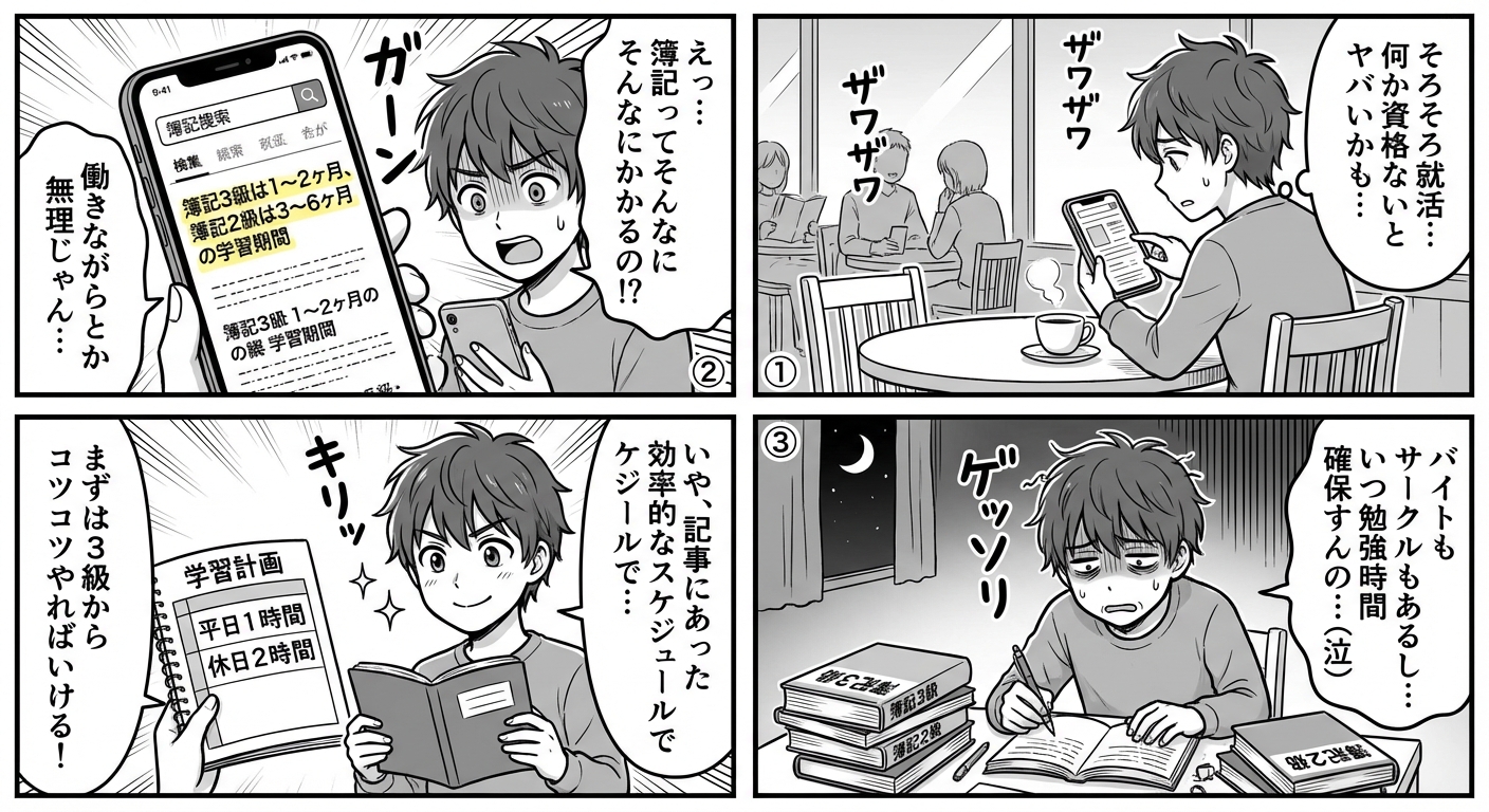 簿記3級・2級を独学で合格するまでの期間は?働きながら最短で取得する勉強スケジュール完全ガイド マンガ解説