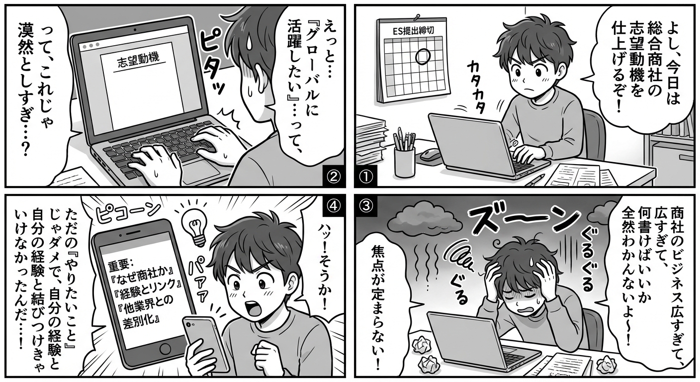 # 総合商社の志望動機が書けない人必見！内定者が実践した差がつく志望理由の作り方と例文5選 マンガ解説