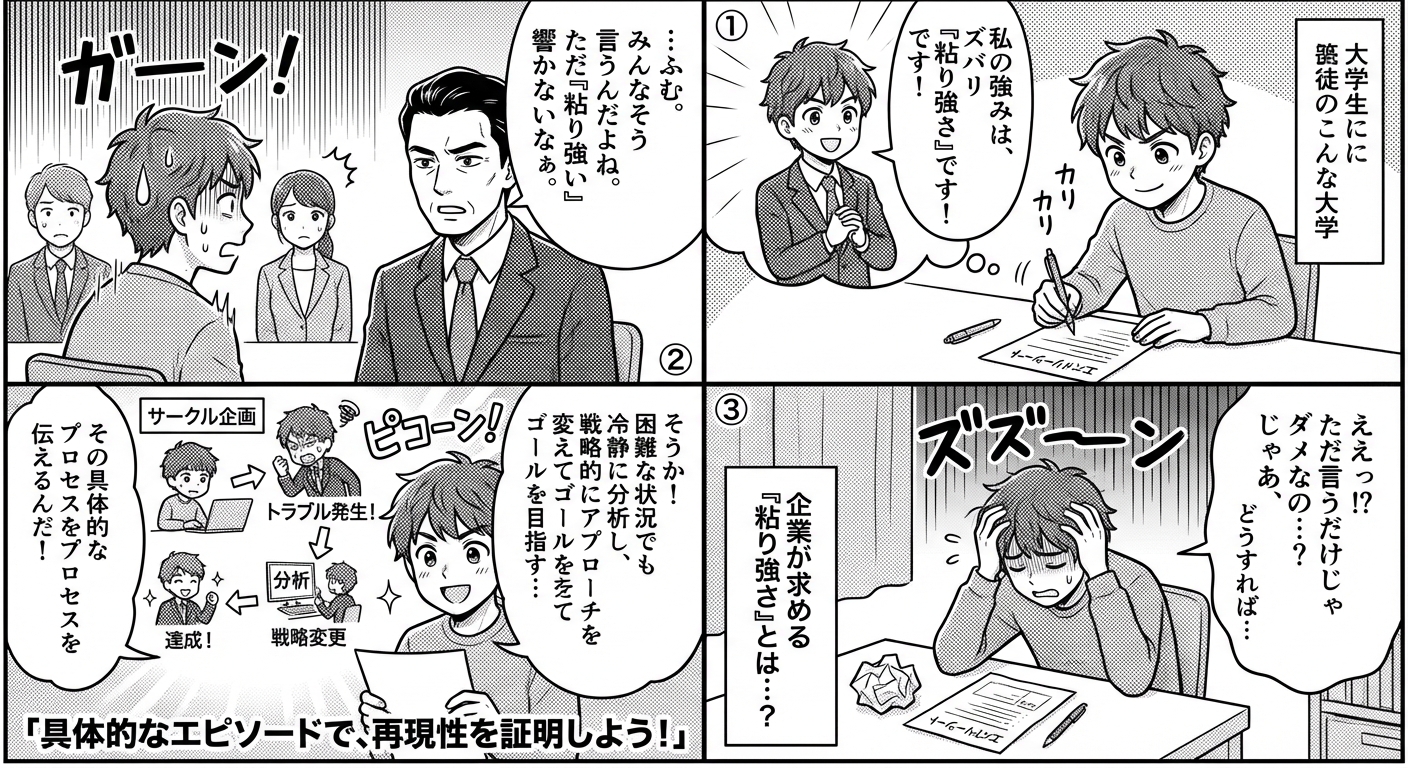 粘り強さを自分の強みとして最大限アピールする方法|面接・ESで差がつく具体的エピソードの作り方と伝え方の極意 マンガ解説