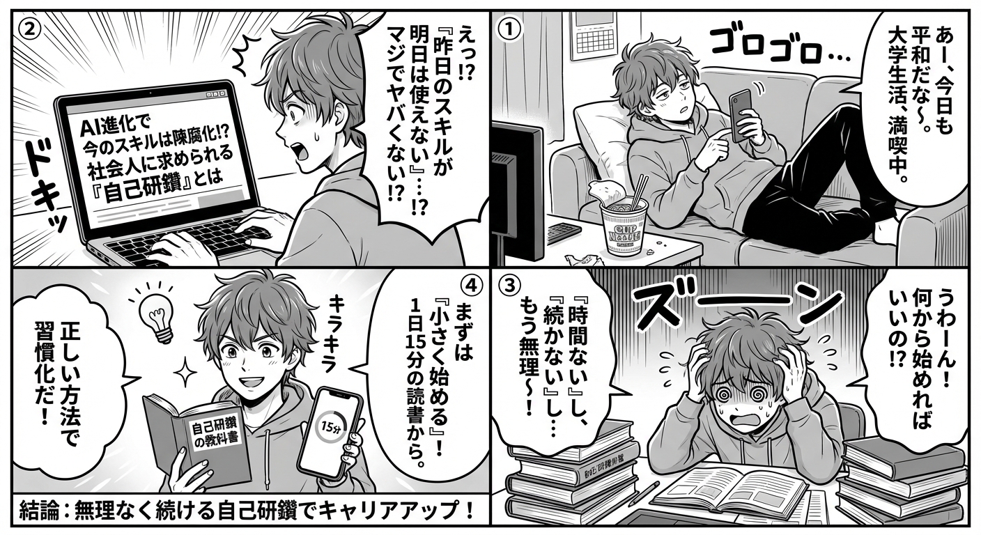 自己研鑽におすすめの方法15選【2026年版】社会人が実践すべきスキルアップ術 マンガ解説