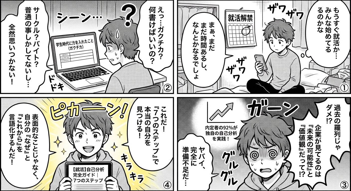 【2026年・27卒最新版】就活で差がつく自己分析のやり方完全ガイド｜内定者が実践した7つのステップ マンガ解説