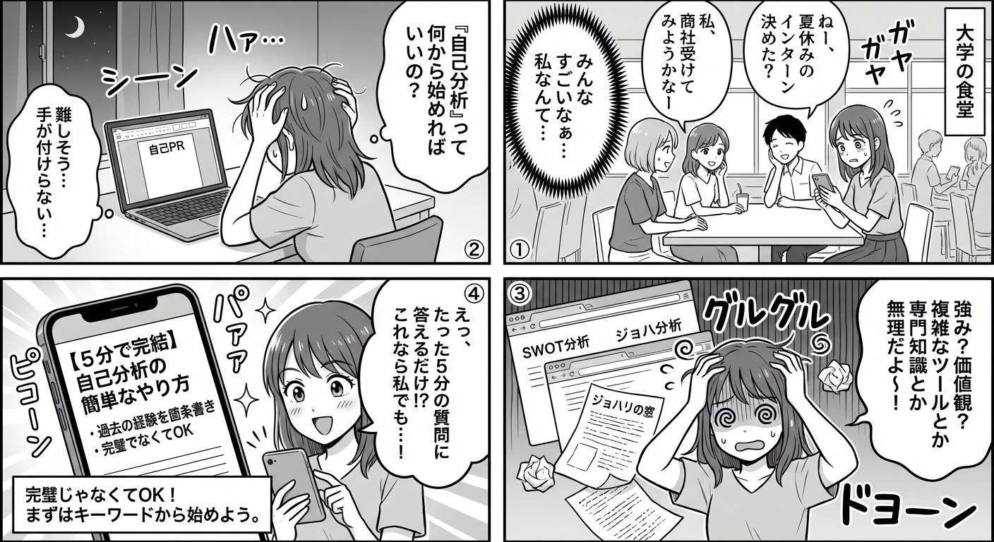 【5分で完結】自己分析の簡単なやり方|初心者でも今すぐできる3ステップ診断シート付き マンガ解説