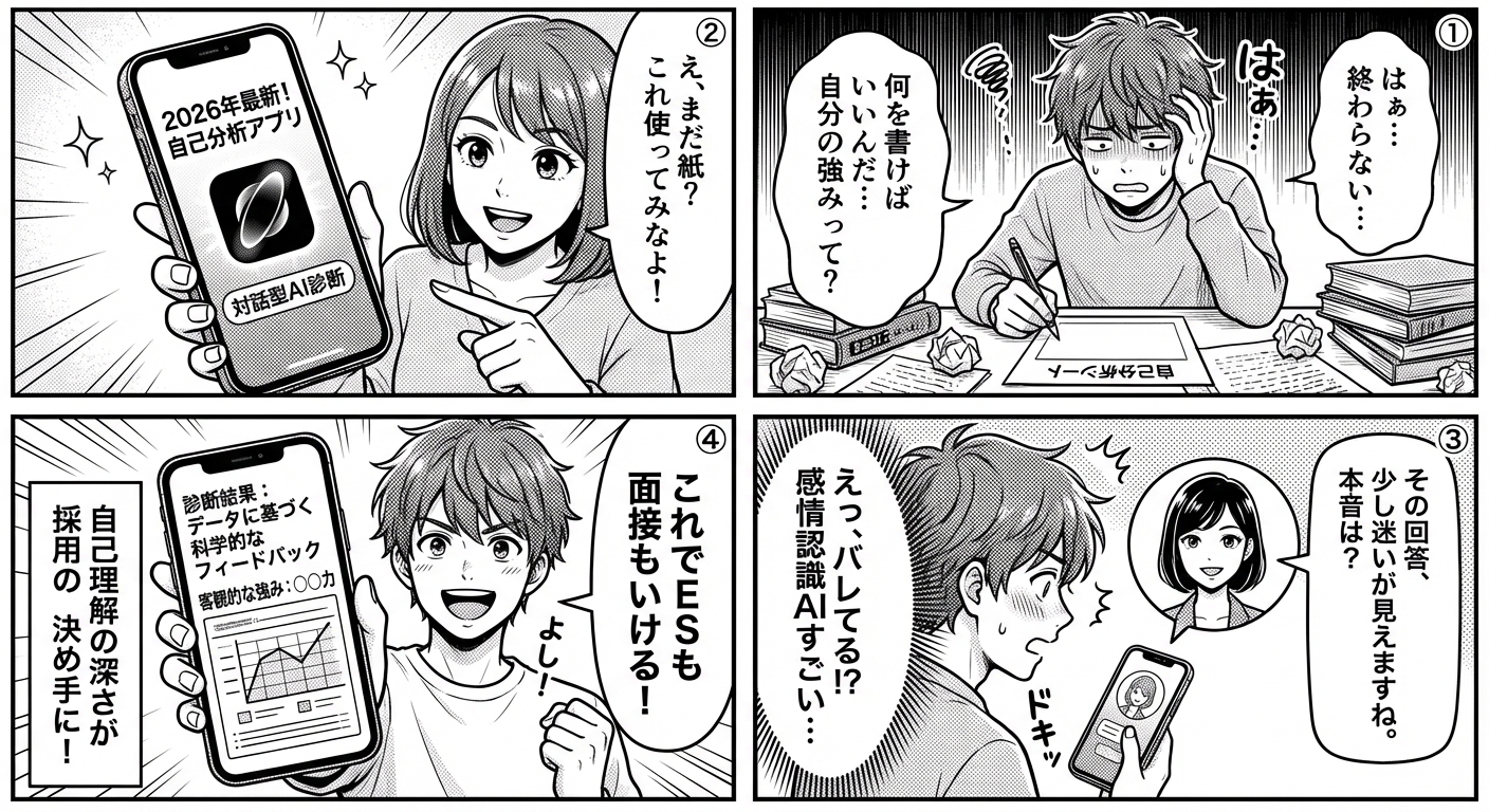 【2026年最新版】自己分析アプリおすすめ15選|就活・転職で使える無料診断ツールを徹底比較 マンガ解説