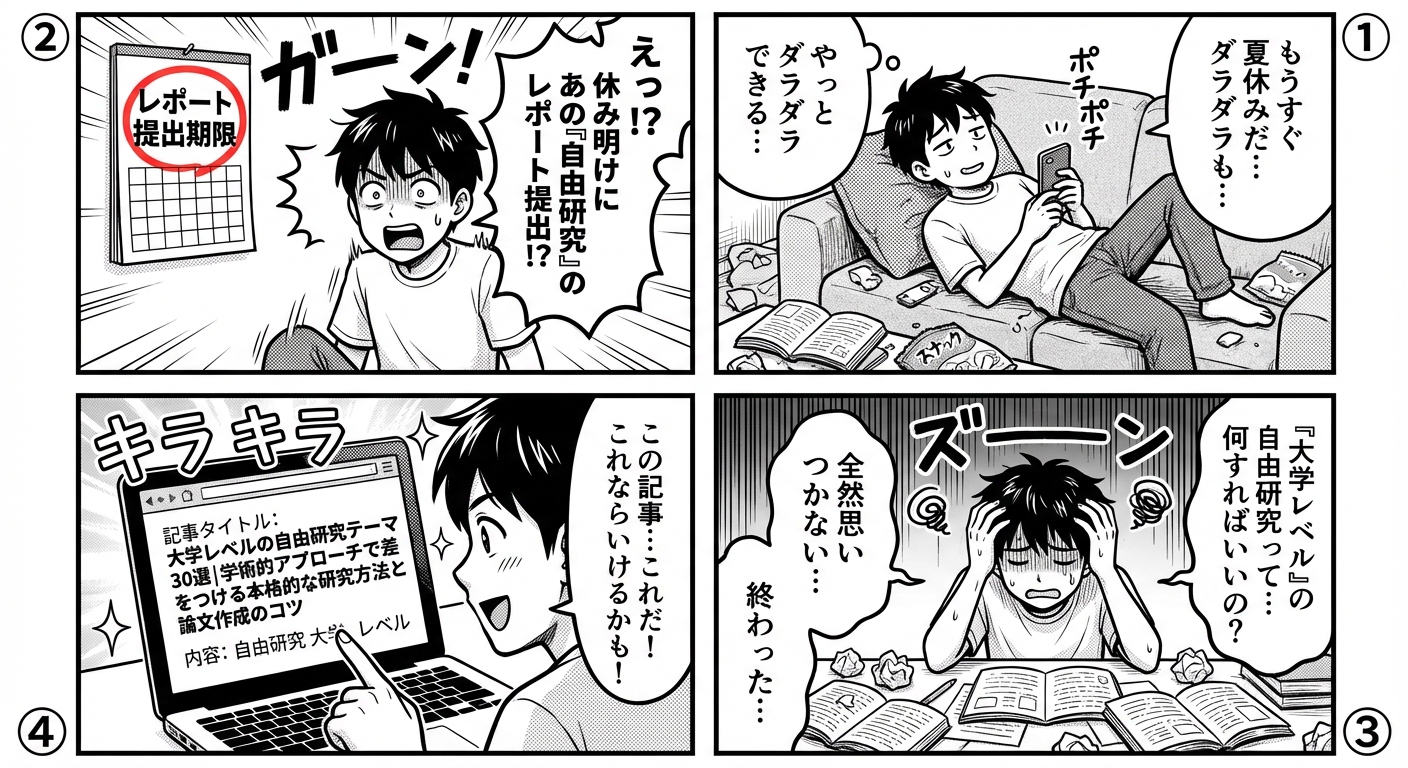 大学レベルの自由研究テーマ30選|学術的アプローチで差をつける本格的な研究方法と論文作成のコツ マンガ解説